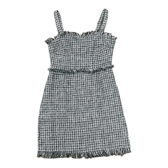 Storia Black Gingham Tweed Fringe Mini Dress L - Picture 1 of 4